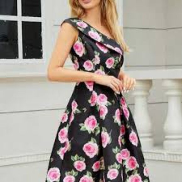 Womens Elegant All Over Print Floral Spring Summer One Shoulder Satin Midi Dress - Picture 2 of 5
